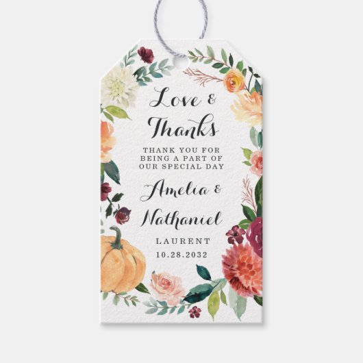 Pompoen Elegante Herfst Bloemen Rustieke Trouwguns Cadeaulabel (Voorkant)