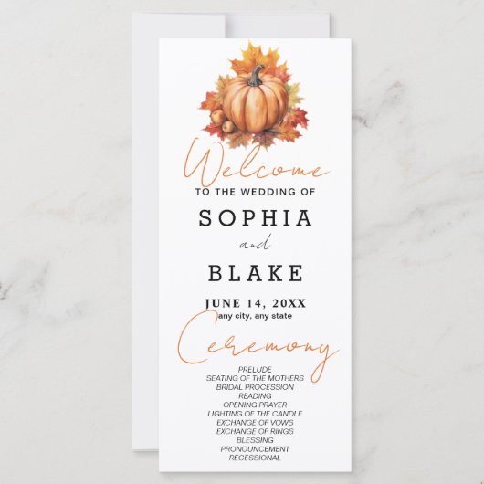 Pompoen en bladeren Herfst wit bruiloft programma (Voorkant)