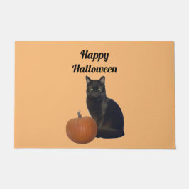 Pompoen en Zwarte Kat Happy Halloween Sinaasappel Deurmat
