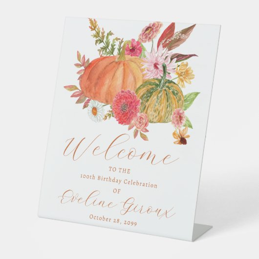 Pompoen Foto 100e Verjaardag Herfst Welkomstbord Reclamebord Met Voetstuk (Voorkant)