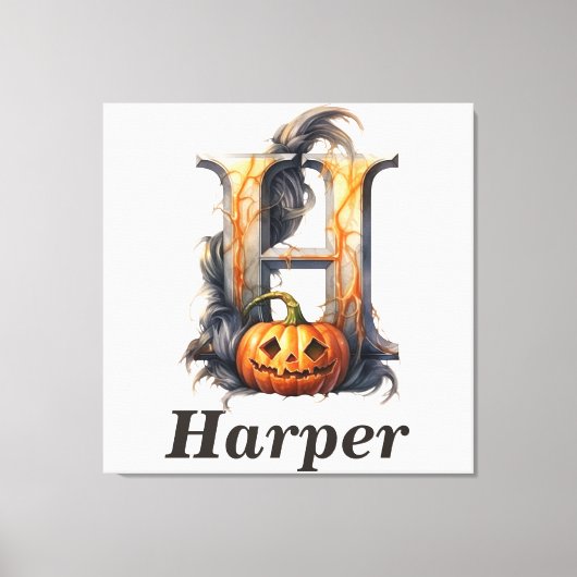 Pompoen Halloween Naam Letter H Floral Monogram Canvas Afdruk (Voorkant)