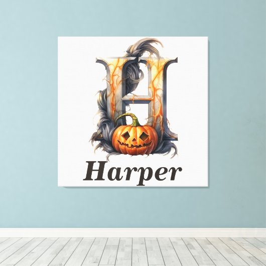 Pompoen Halloween Naam Letter H Floral Monogram Canvas Afdruk (Insitu (Houten vloer))