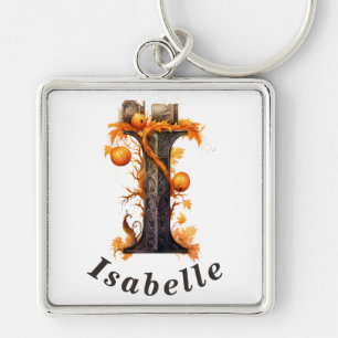 Pompoen Halloween Naam Letter I Floral Monogram Sleutelhanger