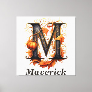 Pompoen Halloween Naam Letter M Floral Monogram Canvas Afdruk