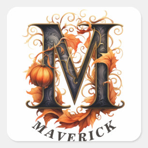 Pompoen Halloween Naam Letter M Floral Monogram Vierkante Sticker