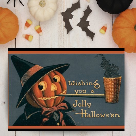 pompoen heks en pijp aangepaste halloween feestdagen kaart