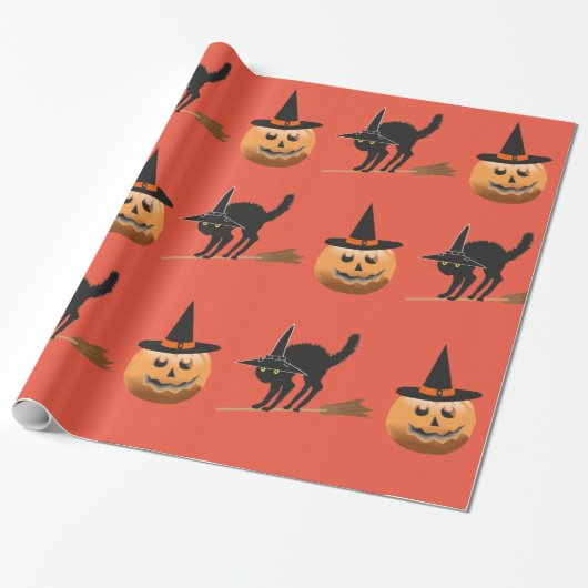 pompoen heks, zwarte kat heks halloween cadeaupapier (Uitgerold)
