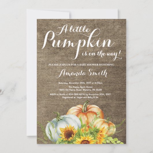 Pompoen Herfst Baby shower Invitation Burlap Kaart (Voorkant)