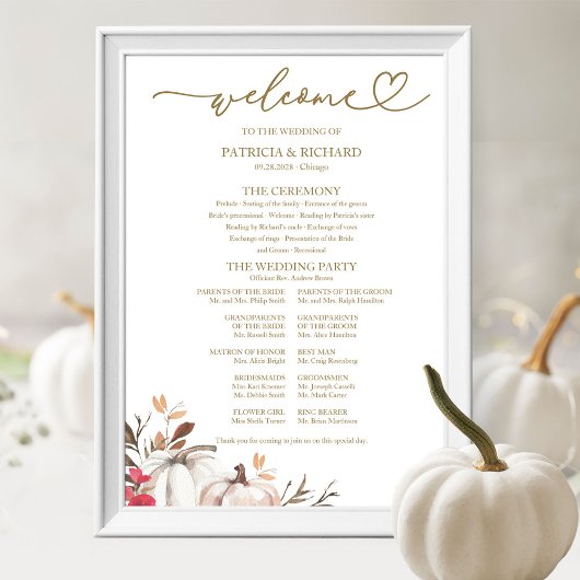Pompoen Herfst Bruiloft Programma Bord Poster