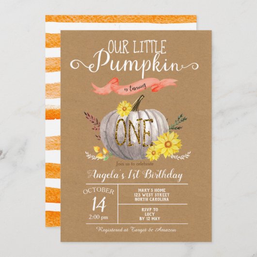 Pompoen herfst eerste 1e verjaardag uitnodiging (Voorkant / Achterkant)