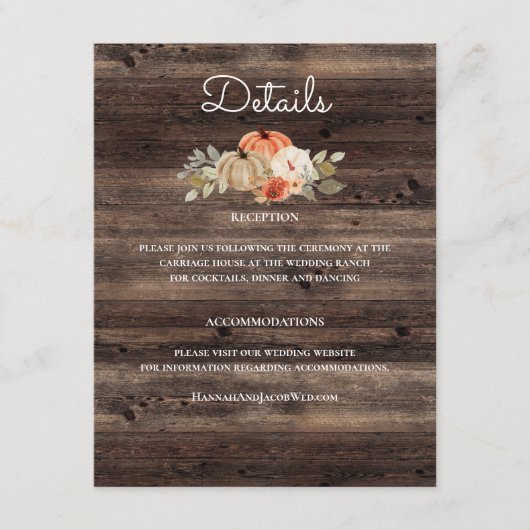 Pompoen Herfst hout rustieke bruiloft Details Informatiekaartje (Voorkant)