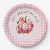 Pompoen Herfst Roze Gingham Baby shower Papier Bor Papieren Bordje (Voorkant)