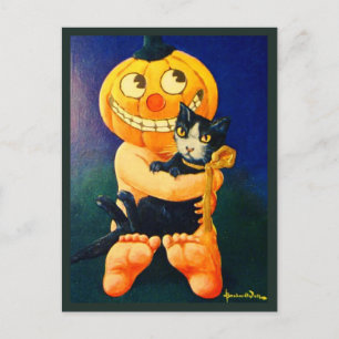 Pompoen Hoofd Jongen Holding Kat -  Halloween Feestdagenkaart