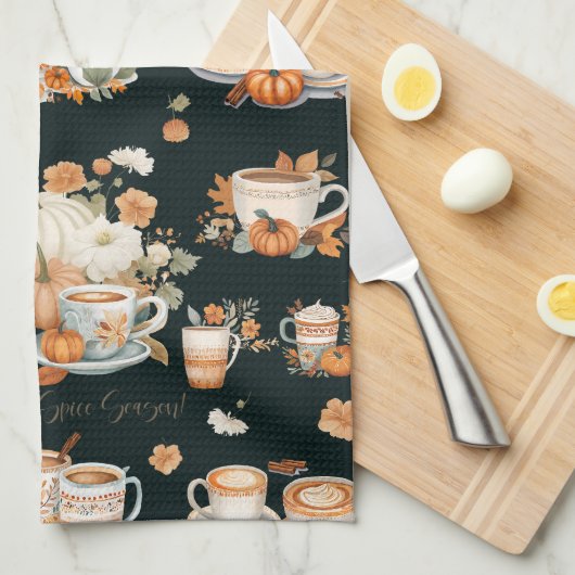 Pompoen Kruid Seizoen Floral Latte Mok Zwart Theedoek (Quarter Fold)