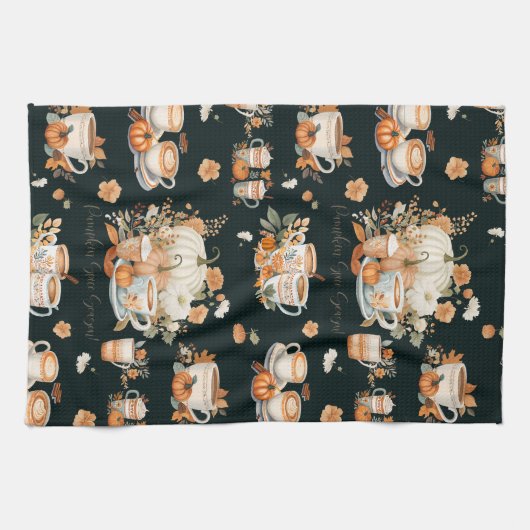 Pompoen Kruid Seizoen Floral Latte Mok Zwart Theedoek (Horizontaal)