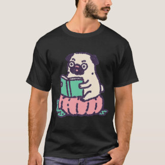 Pompoen Lezende Pug, krijttextuur gezellige illust T-shirt