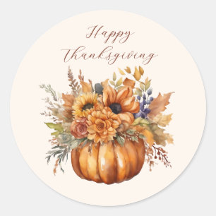 Pompoen met Bloemen-Happy Thanksgiving Ronde Sticker