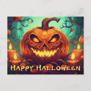 Pompoen met eng gezicht tussen kaarsen, Halloween Feestdagenkaart