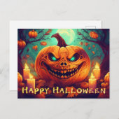 Pompoen met eng gezicht tussen kaarsen, Halloween Feestdagenkaart (Voorkant / Achterkant)
