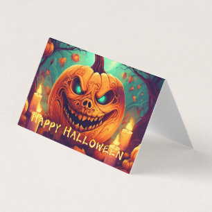 Pompoen met eng gezicht tussen kaarsen, Halloween Kaart