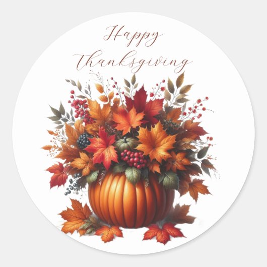 Pompoen met Fall Leaves-Happy Thanksgiving Ronde Sticker (Voorkant)