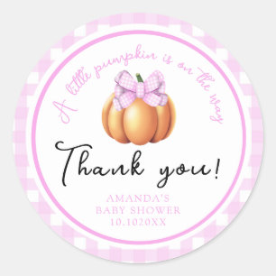 Pompoen met roze strik bedankt babyshower ronde sticker