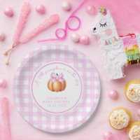 Pompoen met roze strik in kooi baby shower
