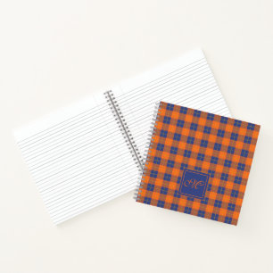 Pompoen Oranje Blauwe Schotse Plaid Monogram Notitieboek