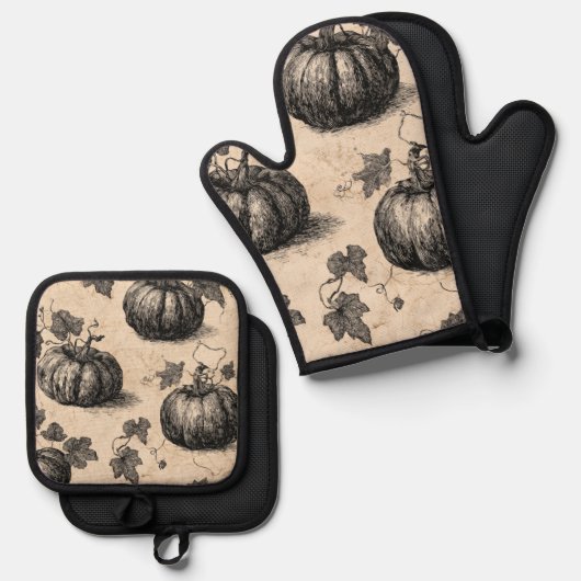 Pompoen ovenhandschoen en pot houder set (Voorkant / Achterkant)