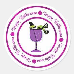 Pompoen & Paarse Heks Cocktail Prettig Halloween Ronde Sticker