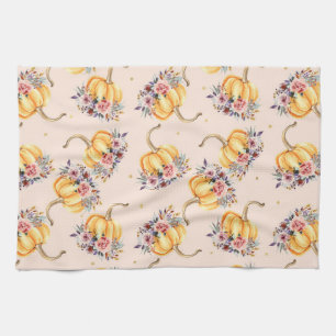 Pompoen pastel perzik goud polka dot florale herfs theedoek