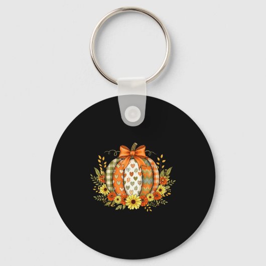Pompoen Patchwork Bloem Thanksgiving Herfst Sleutelhanger (Voorkant)