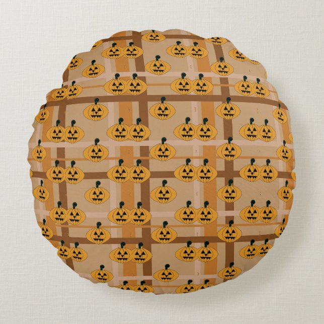 Pompoen Plaid Rond Kussen (Voorkant)