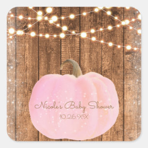 Pompoen Roze Glitter Herfst Roestige Houten Lichtj Vierkante Sticker