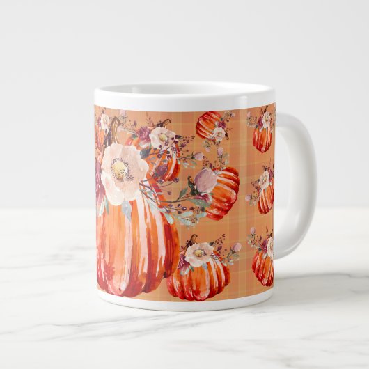 Pompoen sinaasappel herfst bloemenplaid check herf extra grote beker (Voorkant rechts)