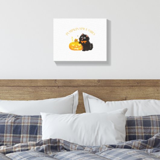 Pompoen Spice Vibes, Halloween, zwarte kat, pompoe Canvas Afdruk (Insitu (Slaapkamer))