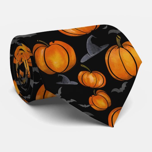 Pompoen stropdas met heks petten en vleermuizen (Opgerold)
