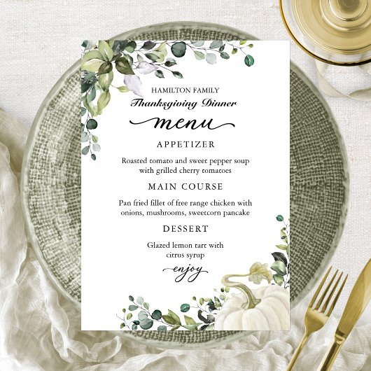Pompoen Thanksgiving-diner Menukaart met groen Bedankkaart