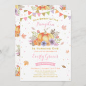 Pompoen Verjaardag Uitnodiging Roze & Gouden Herfs (Voorkant / Achterkant)