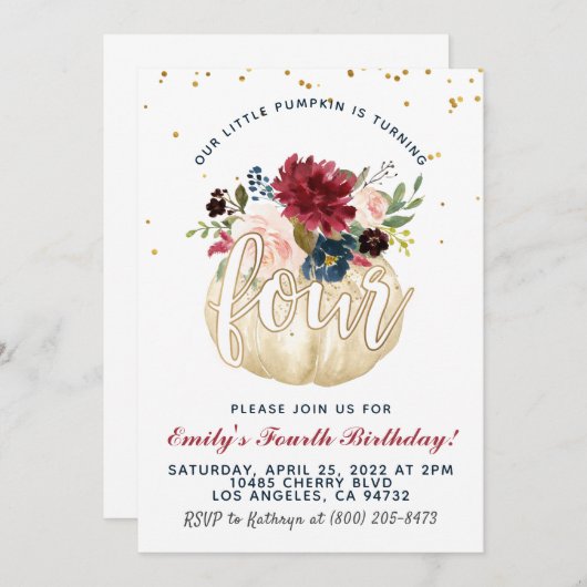 pompoen vierde verjaardag uitnodiging (Voorkant / Achterkant)