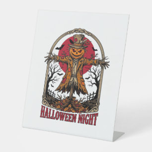 Pompoen Vogelverschrikker Halloween Vintage Gravur Reclamebord Met Voetstuk