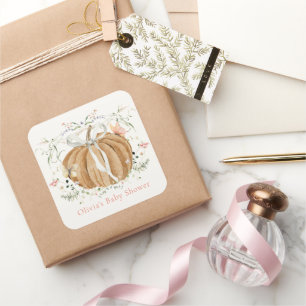 Pompoen Wilde Bloemen Vlinders Roze Baby Shower Vierkante Sticker