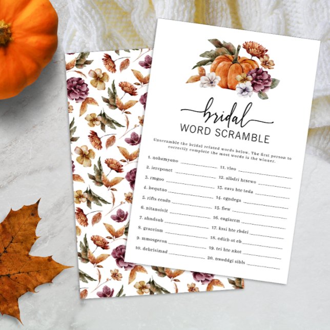 Pompoen Word Scramble spel (Fall Bridal Word Scramble Game Fall In Love Bridal Shower Pumpkin Florals)