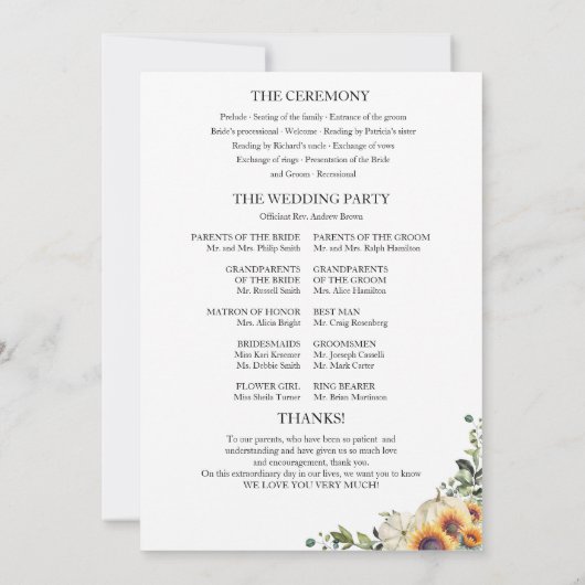 Pompoen Zonnebloem Fall Wedding Ceremony Programma (Achterkant)