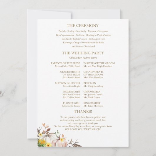 Pompoen Zonnebloem Fall Wedding Ceremony Programma (Achterkant)