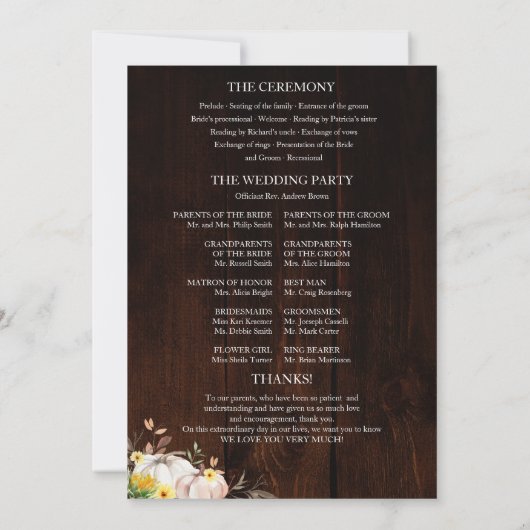 Pompoen Zonnebloem Fall Wedding Ceremony Programma (Achterkant)