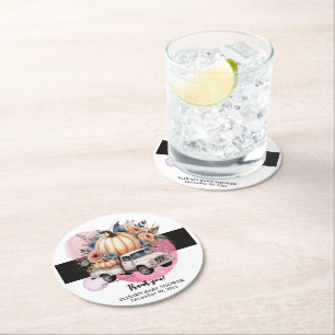 Pompoen Zwart Roze Bloemen Truck Baby shower Ronde Kartonnen Onderzetter