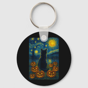 Pompoen Zwarte Kat Halloween Van Gogh Sterrennacht Sleutelhanger