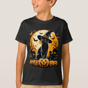Pompoen Zwarte Kat Met Heksenhoed Volle Maan T-shirt