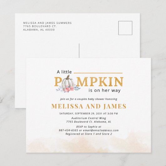 Pompoenen Baby shower Roze Floral Briefkaart (Voorkant / Achterkant)